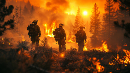 Fototapeta premium Firefighters in silhouette against a wildfire's glow, poised in the line of duty.