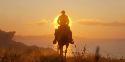 Wild West concept. Full length portrait of a cowboy riding his bay horse. Vast view to prairie and huge setting sun. Evening time. Text space. Cinematic retro, vintage style. Outdoor shot