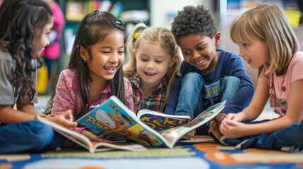 Young schoolchildren read books in class at their desks. A group of children study at school indoors. Education concept.