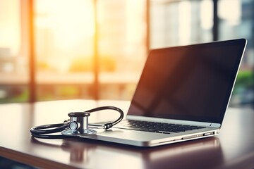 Fototapeta premium Stethoscope on laptop computer screen. Medicine and healthcare concept. 3D Rendering