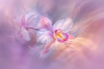 Ethereal orchid whispers with delicate soft hues of pink and purple, captured in a close-up macro photography with a blurred background, showcasing the beauty and grace of this floral bloom
