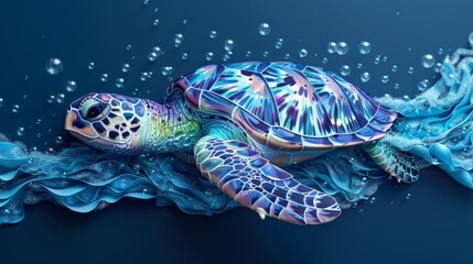 A sea turtle made of plastic bags, paper and other waste material in the ocean with bubbles around it. The colors include purple blue green white red and black. It is drawn as an illustration on flat 