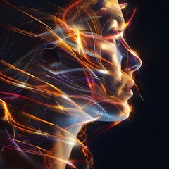Wallpaper of virtual Woman Face on digital background, abstract technology concept, realistic illustration