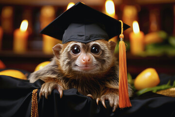 small primate wearing a black graduation cap with tassel and gown