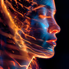 Wallpaper of virtual Woman Face on digital background, abstract technology concept, realistic illustration