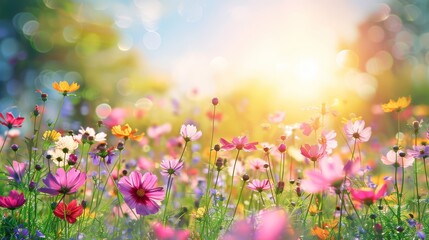  A field filled with vibrant flowers under the sun's glow, trees framing the scene behind, and a softly blurred sky up front