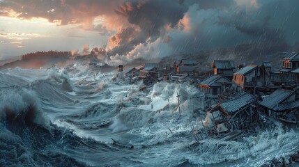 A captivating digital painting portrays a shoreline in turmoil, ravaged by hurricanes, tsunamis, erosion, and sinking landmasses worsened by climate change.