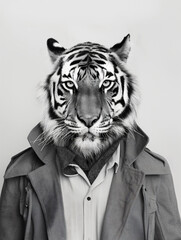 Portrait of a humanoid tiger in stylish clothes 
