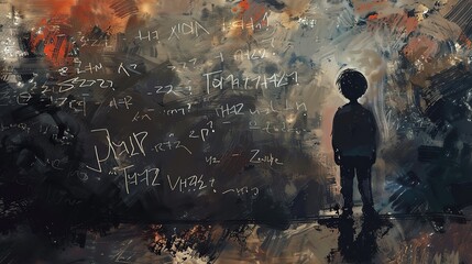 a boy in nightmare realm with messy wall with graffiti scripture, mysterious and horror feeling atmosphere background, dark fantasy illustration , Generative Ai