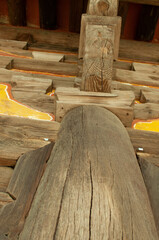ancient old Korean house wooden column