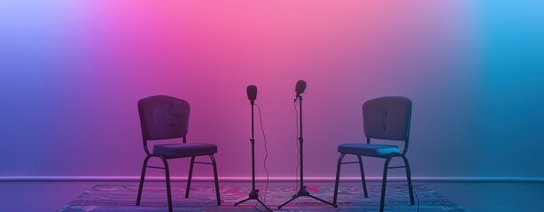 podcast studio with table and microphone isolated blue, purple and pink background.