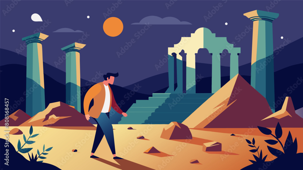 Poster as he walks he encounters ancient ruins a reminder of the impermanence of all things.. vector illust