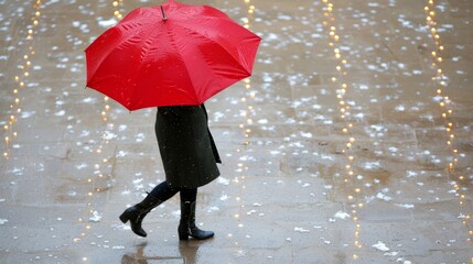   A woman wields a red umbrella against the rain as she walks along the illuminated sidewalk