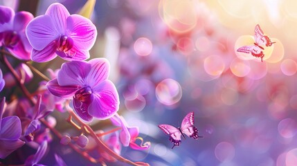 violet orchid flowers with butterflies on defocused background