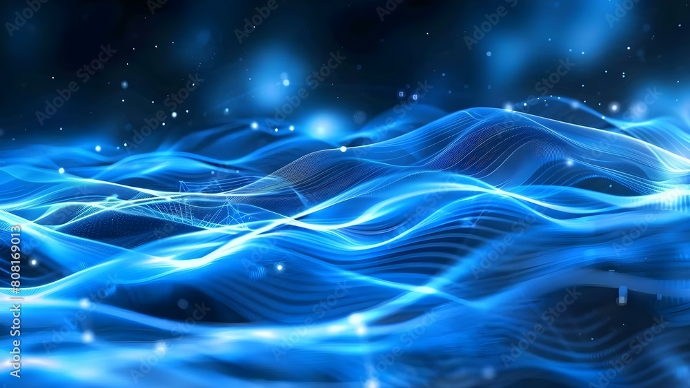 Poster visualizing a futuristic digital cloud landscape with abstract blue network and big data. concept di