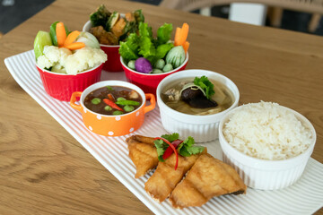 Spicy shrimp paste with deep fried fish, vegetable, soup and rice . A delicious and healthy meal, perfect for a quick and easy lunch or dinner.