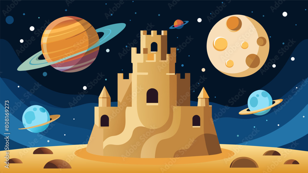 Aufkleber a sandcastle depicting a deadly asteroid belt with each castle representing a different planet in ou