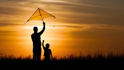  a father and his child joyfully playing with a kite at sunset