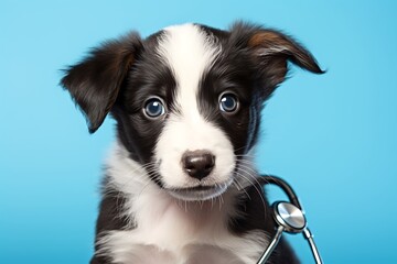 Funny puppy border collie with stethoscope on blue background