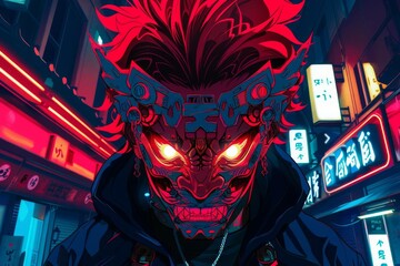 fierce red oni mask on cyberpunk anime boy futuristic character portrait illustration