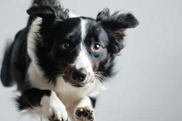 Fototapeta premium Close-up portrait of a black and white border collie gazing intently with glowing amber eyes against a soft grey background