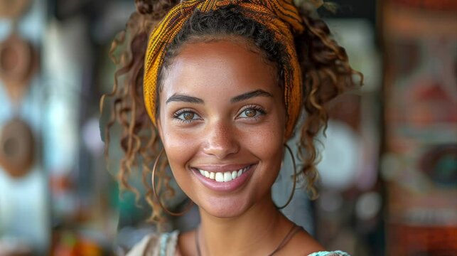 A joyful young woman with curly hair, donning a vibrant headscarf, shares a warm smile in a richly decorated cultural setting.