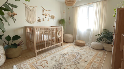 Serene baby room with birch crib, felt animal mobile.