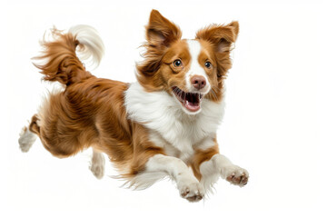 Exuberant border collie dog captured in mid-leap against a clean white background, displaying playful energy and a cheerful demeanor - Powered by Adobe