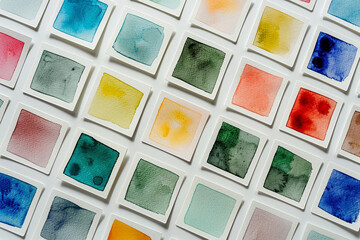 A precise grid of watercolor dot cards, each with a different color swatch, spread across a white canvas.