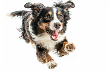 Fototapeta premium Energetic bernese mountain dog captured in mid-jump against a crisp white background, showcasing its playful and joyful spirit in motion