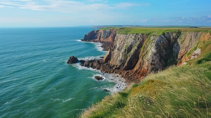 The image captures the natural beauty of a rugged coastal landscape with cliffs overlooking the...