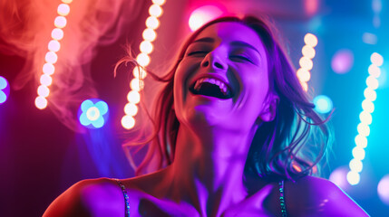 Portrait of a young woman having fun in a nightclub under the lights of a disco ball. Beautiful woman dancing on the dance floor. Concept of parties, relaxation.