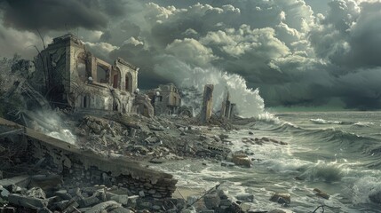 A captivating digital painting portrays a shoreline in turmoil, ravaged by hurricanes, tsunamis, erosion, and sinking landmasses worsened by climate change. - obrazy, fototapety, plakaty