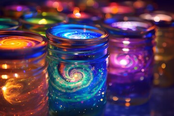 galaxies swirling in mason jars a colorful cosmic symphony abstract background - obrazy, fototapety, plakaty
