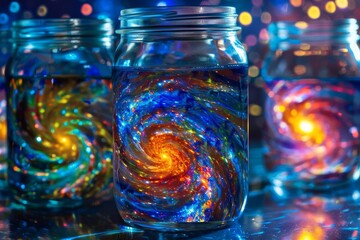 galaxies swirling in mason jars a colorful cosmic symphony abstract background - obrazy, fototapety, plakaty