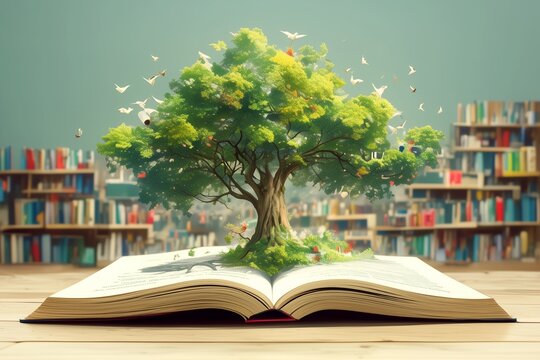 tree growing from book in success knowlage concept