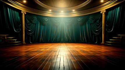 Bright blue stage curtains theater drapes and wooden stage flor