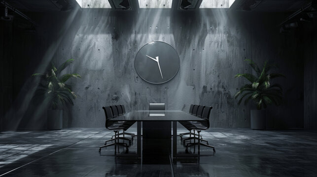 time management concept banner in an empty conference room with a large digital clock on the wall