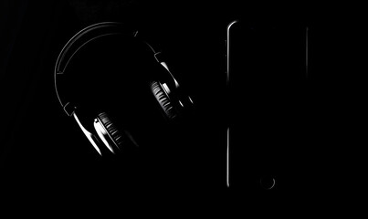 Headphones on a black background. Close-up. Music concept
