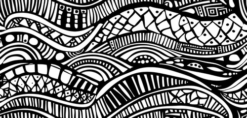 Black and white doodle pattern of hand-drawn holiday decorations.
