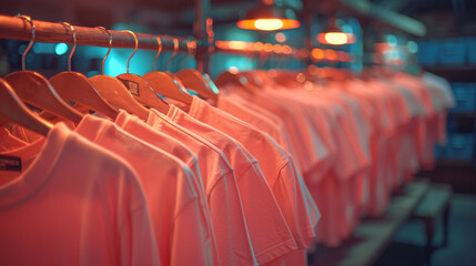 Coral pink shirts glowing warmly on a wooden rack.