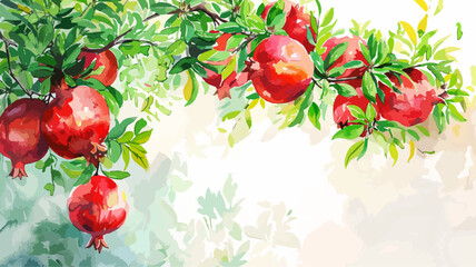 Granatapfel Früchte Baum Ast Zweig Vitamine Aquarell Gesund Illustration Wasserfarben Vektor