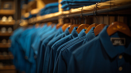 Royal blue shirts draped elegantly on a wooden rack.