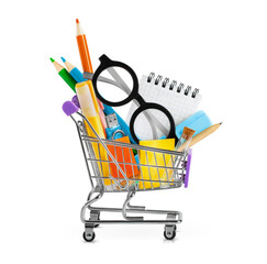 cart with office supplies isolated on white background. getting ready to go back to school