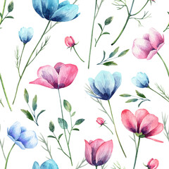 Square seamless pattern with watercolor blooming flowers and green leaves. Hand painted botany dog rose, blue flowers. Wallpapers and vintage background design