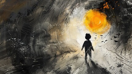 a boy in nightmare realm with messy wall with graffiti scripture, mysterious and horror feeling atmosphere background, dark fantasy illustration , Generative Ai
