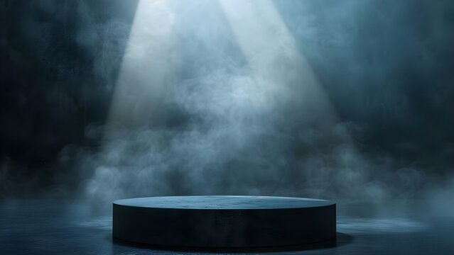 Eerie podium against smoky backdrop with spotlight evoking a dramatic and vacant ambiance. Concept Eerie Photoshoot, Dramatic Lighting, Vacant Ambiance, Smoky Backdrop, Unique Portrait