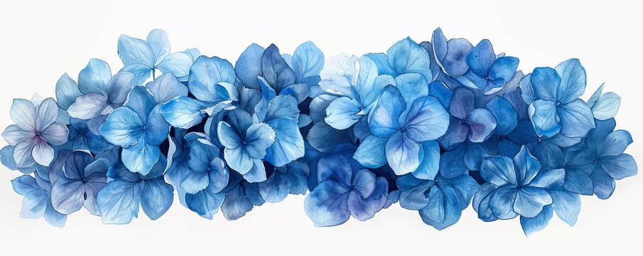 A watercolor clipart of a blue hydrangea cluster, with light and dark shades of blue petals