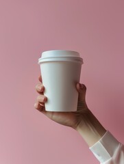 Mockup of male hand holding a Coffee paper cup isolated on light background.