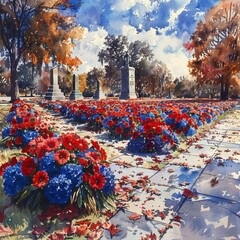 Vibrant yet somber watercolor scene of red, white, and blue wreaths laid at a war memorial, focusing on the intricate details and colors of patriotism.